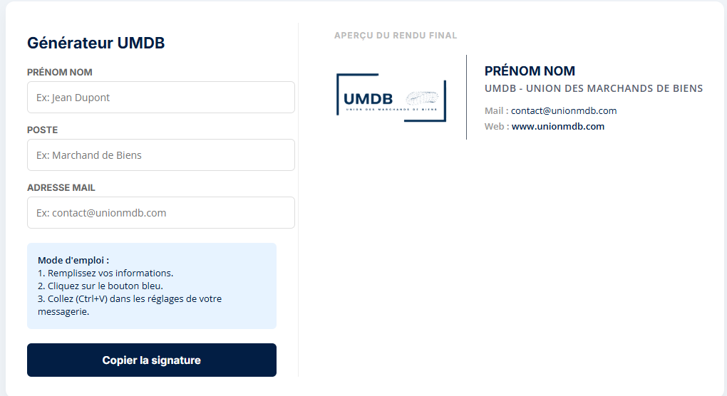 Rendu final de la signature : alignement soigné, typographie moderne et respect strict de la charte de l'entreprise