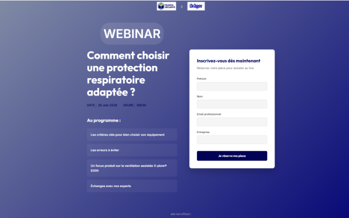 Rendu de la Landing Page d'inscription (fichier webinar-draeger.html) : design épuré, responsive et rassurant