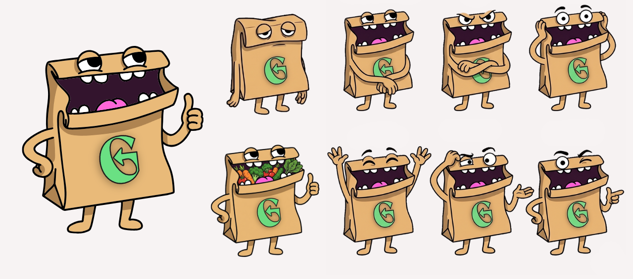 Le Krafty : mascotte dessinée en s'inspirant d'un sac de livraison kraft, personnifiant la récompense alimentaire